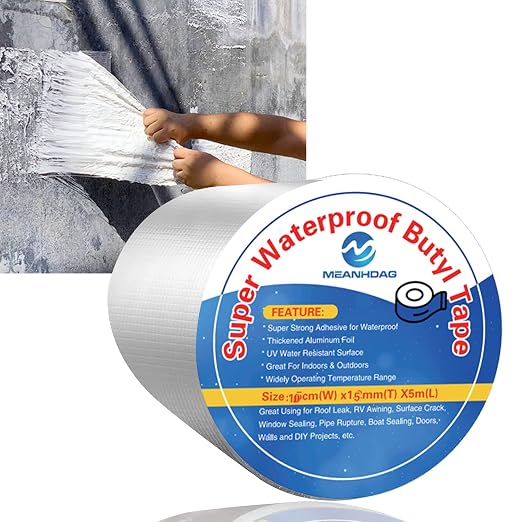 MEANHDAG Super Waterproof Butyl Tape and Patch for Seal Repair, Adhesive Duct Tape with Aluminium for Pool Metal RV Roof Pipe Awning Hose Window, 4 in by 16-1/2 FT