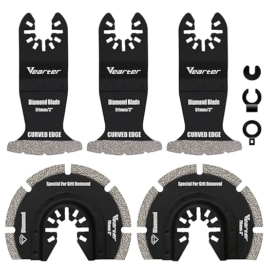 5PCS Diamond Oscillating Saw Blades, Universal Multitool Blades for Grit Grout Removal, Quick Release Multi Tool Kit for Tile, Air Brick, Cement, Concrete, Masonry