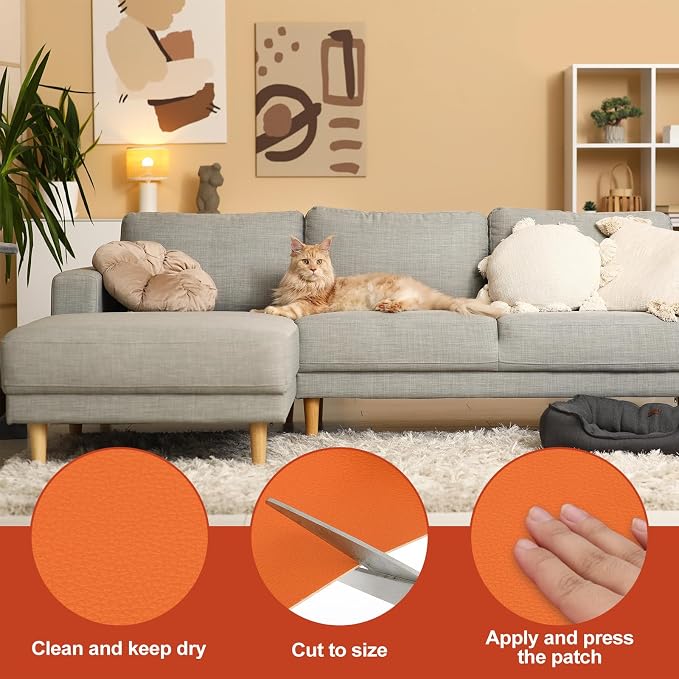PATIKIL Leather Patches Tape for Furniture, 3.2 x 61 Inch Self Adhesive Vinyl Leather Repair Kit Cover Sheet for Couch, Sofa, Car Seats, Office Chair, Orange