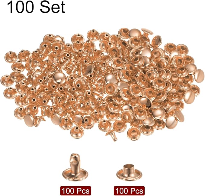 HARFINGTON 100 Sets Leather Rivets 6 x 8mm Metal Double Cap Rivet Snaps Studs Fasteners with 3pcs Setting Tools Rivets for Leather Craft DIY Repair Decoration, Light Gold Tone