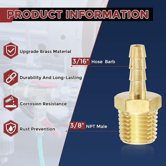 Pack of 4 Brass Hose Barb Fittings Adapter Connector 3/16" Hose Barb to 3/8" NPT Male Fittings for Home Machines, Massage Bathtubs, and Irrigation Systems
