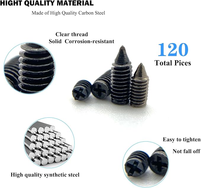 120 pcs Nickel Plated Tip Screws Pointed Cross Slot Leather Accessories 12 Sizes Black Belt Screws Include M2*3-M2*6, M2.5 * 3-M2.5 * 8, M3*3-M3*8 with 2mm Screwdriver for Belt Buckle Wallet Handbag