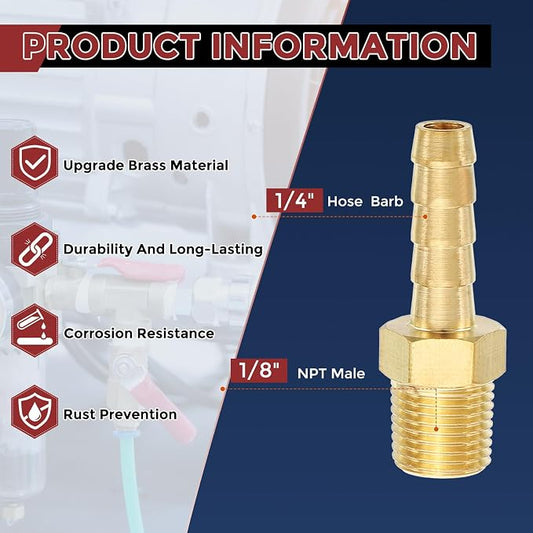 Pack of 1 Solid Brass Hose Barb Fittings 1/4" Hose Barb to 1/8" NPT Male Fittings for Home Machines, Massage Bathtubs, Air Compression and Irrigation Systems