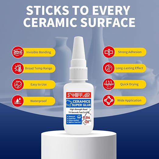 Ceramic Glue, Clear Super Ceramic Glue Repair Kit for Pottery and Porcelain, Food Safe Adhesive for Mug, Waterproof and Heat Resistant, Strong Bonding, Long Lasting, Quick Drying, Easy to Use
