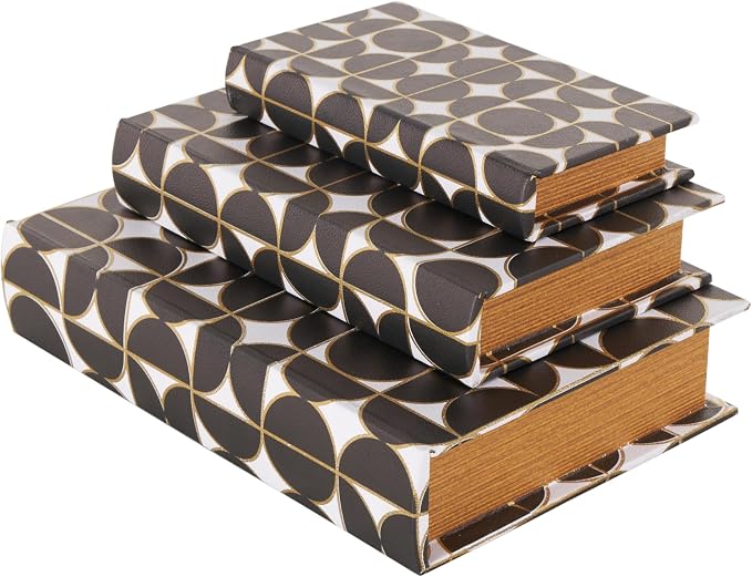 Deco 79 Faux Leather Decorative Box Faux Book Storage Book Shaped Boxes with White and Gold Geometric Patterns, Set of 3 Decorative Keepsake Boxes 13", 11", 9"H, Black