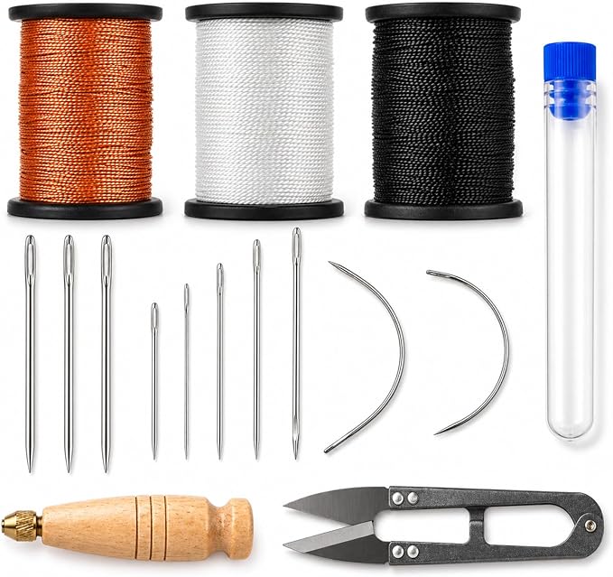 16Pcs Upholstery Repair Sewing Kit, Heavy Duty Leather Sewing Kit with Sewing Awl, Hand Needles, Curved Needles, Scissors and Nylon Thread for Leather Shoes, Sofa, Furniture, Canvas Repair