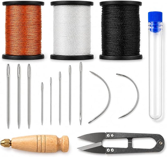 16Pcs Upholstery Repair Sewing Kit, Heavy Duty Leather Sewing Kit with Sewing Awl, Hand Needles, Curved Needles, Scissors and Nylon Thread for Leather Shoes, Sofa, Furniture, Canvas Repair