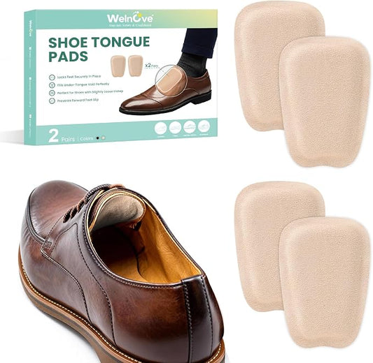 Shoe Tongue Pads for Men & Women - Welnove 2 Pairs Suede Memory Foam Shoe Padding Cushion Soft Self Adhesive Inserts Filler for Boots, Leather Shoes, Dress Shoes, Loafers (Beige, Size L)
