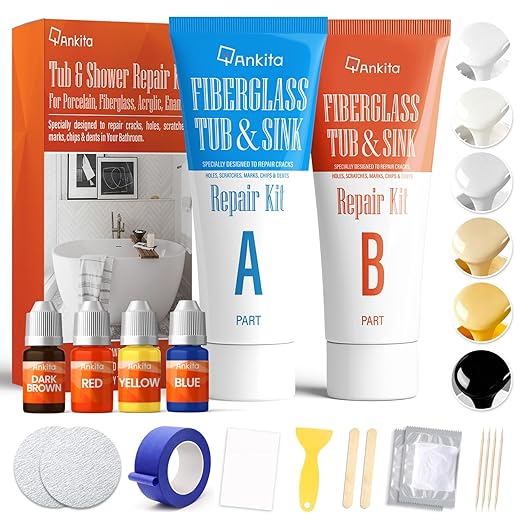 Fiberglass Tub Repair Kit(Color Match), Fiberglass Shower and Acrylic Bathtub Repair Kit for Scratches, Cracks, Chips, Holes on Porcelain, Enamel, Tubs, Tile, Sink, Fix Chipped Almond Bath Tub
