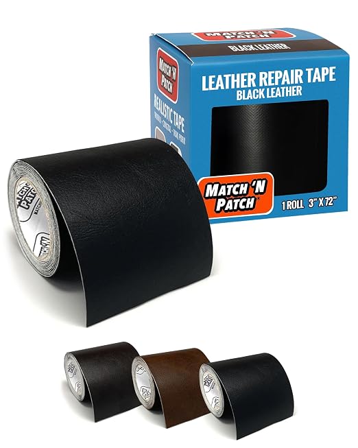 MATCH 'N PATCH Black Leather Repair Tape, 3" x 72" for Furniture | Realistic Faux Leather Patches for Couch, Sofa, Upholstery, Car Seat & Other Furniture, Vinyl Repair Kit, Self Adhesive Patch