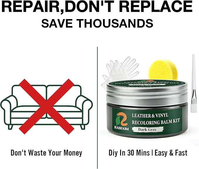 Dark Gray Leather Repair Kit, Leather Recoloring Balm – Restore & Repair Faded Leather on Couches, Car Seats, Shoes & Furniture | Leather Color Restorer & Conditioner | Easy DIY Application