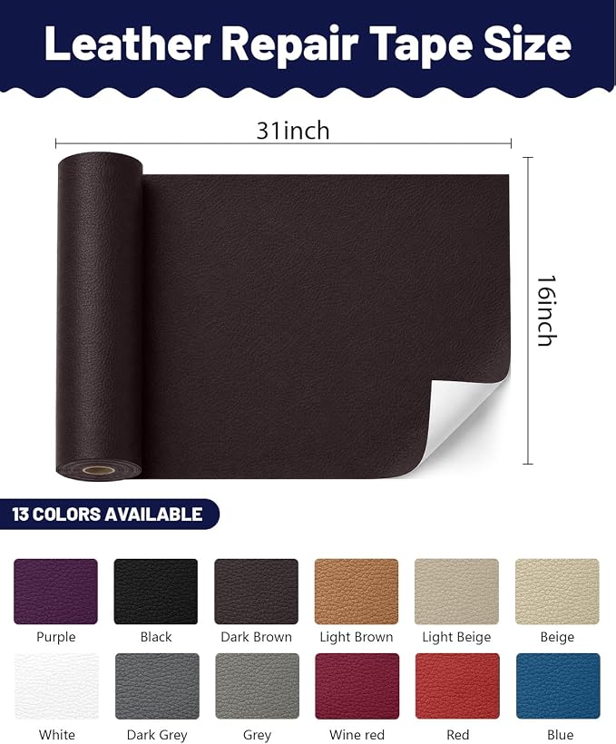 BOUYEER Leather Repair Patch Tape Kit,Self Adhesive Leather Repair for Sofa，Car Seat,Office Chair,Furniture,Jacket,Waterproof Strong Adhesive Vinyl Repair Kit. 16 in x 31 in,Coffee