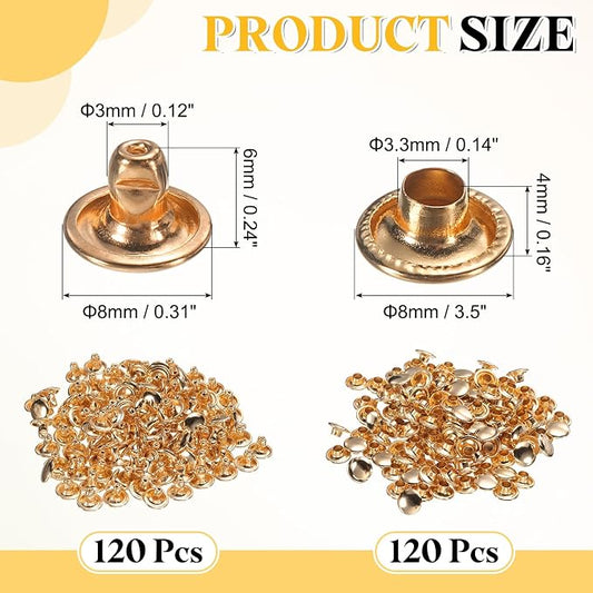 uxcell 120 Sets Leather Rivets, 8mm Double Cap Rivets, 6mm Height Tubular Metal Studs for Leather Craft Repair and Decoration DIY Clothes, Shoes, Bags, Belts, Light Gold