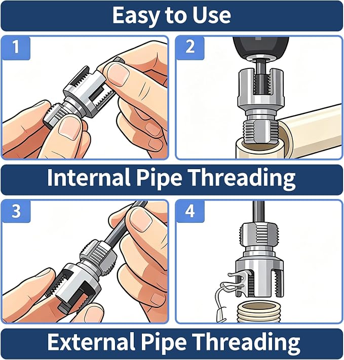 Pipe Threading Tool Set for 1/2", 3/4", 1" PVC & Plastic Pipes, Dual-Function Internal & External Thread Maker & Repair Kit, with Gloves & 4 Seal Tapes