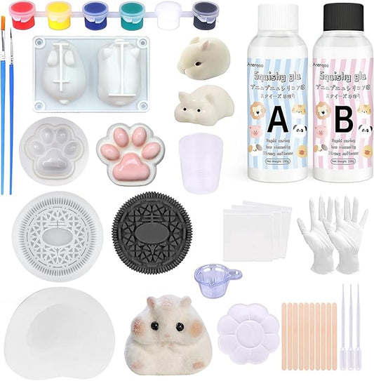 Anergoo Taba Squishes Kit with Pig Bunny Silicone Mold Cookie Mold Squishy Hamster Mold 3" Paw Animal Silicone Molds for Decompression Gift 200g