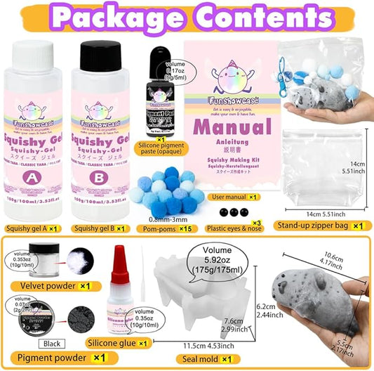 Taba Squishy Kit Seal Silicone Mold 4''+Liquid Gel+Flocking Cute Animal Maker Set