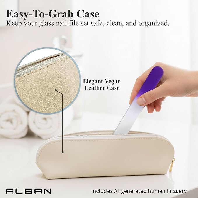 Alban Czech Glass Nail File Set with Manicure Stick & Vegan Leather Cosmetic Case (Purple Nail Files, Royal Manicure Stick & Cream Cosmetic Case)