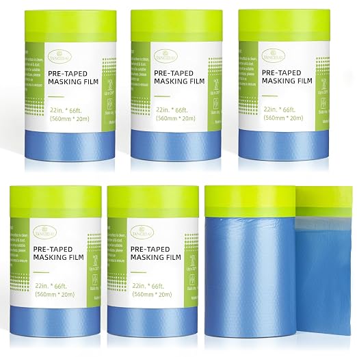 Tangibay Pre-Taped Masking Film for Painting - 22" x 66' Painters Plastic Sheeting with Automotive Paint Tape and Drape for Covering Cars, Walls, Windows and Furniture Protection (6 Rolls)