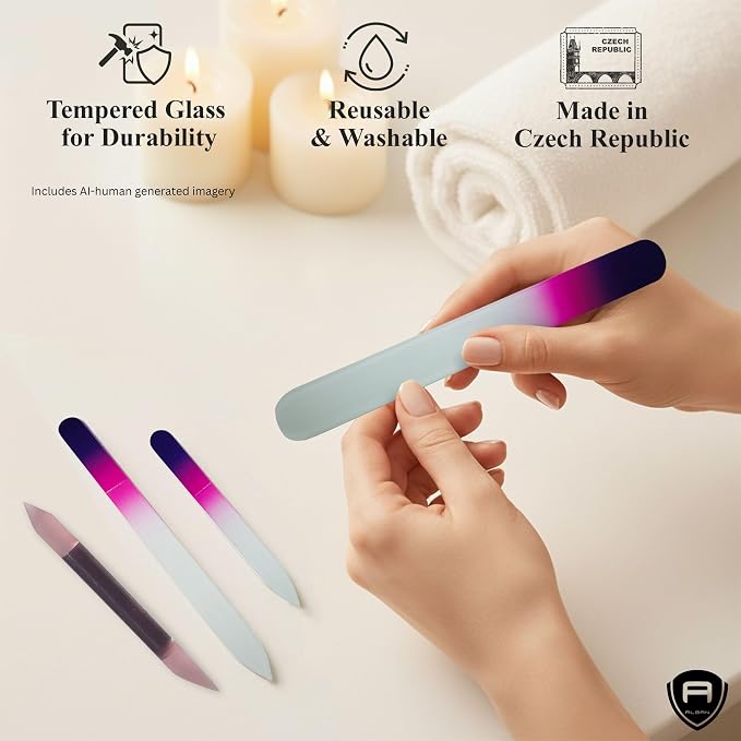 Alban Czech Glass Nail File Set with Manicure Stick & Vegan Leather Cosmetic Case (Purple-Pink Nail FilesPink Manicure Stick & Cream Cosmetic Case)