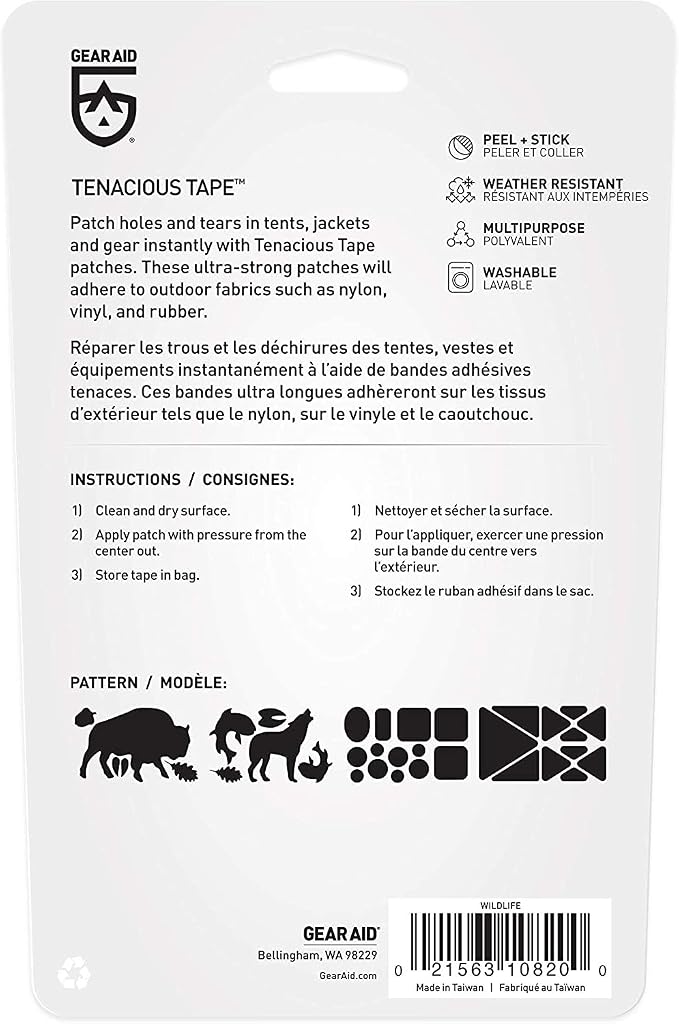 GEAR AID Tenacious Tape Gear Patches for Jacket Repair, Black Nylon, Wildlife, 3" x 20", 2 Pack