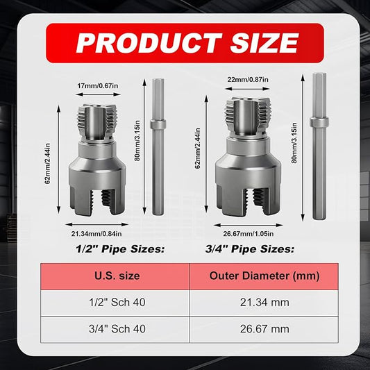 2PCS Pipe Threading Tool, 1/2" & 3/4" Dual-Function Internal & External Pipe Threader Kit, Alloy Steel Thread Cutting Tool for Water Pipes, Electric Drill Compatible, Fast DIY Plumbing Solution