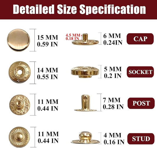 Raydodo 12 Set Leather Snap Fasteners Kit, 15mm Metal Snap Buttons Kit Press Studs with 4 Install Tools, Rivets and Snaps for Clothing, Jeans, Jackets, Bracelets, Bags (Gold)