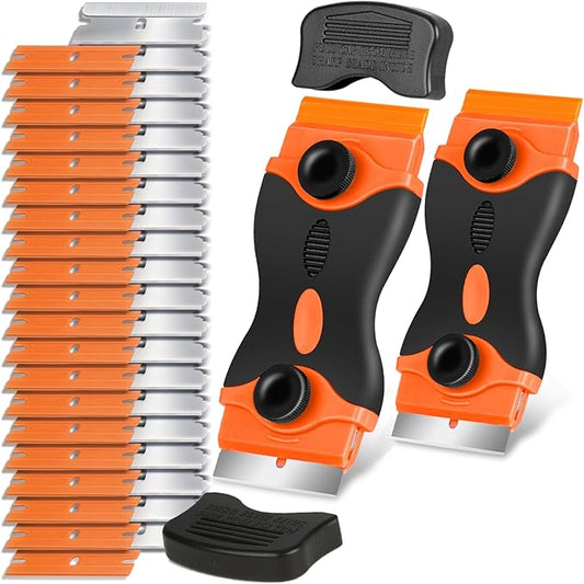 Razor Blade Scraper Tool - Razor Scraper with 40 Metal & Plastic Blades, Sticker Cleaning Remover for Paint, Decal, Adhesive, Label & Caulk, Glass Scraper for Window, Cooktop, Oven & Stove Top