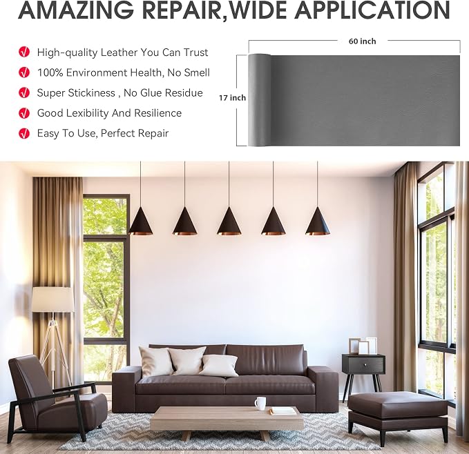 Leather Repair Patch Tape,17x60 inch Large Self Adhesive Leather Repair,Vinyl Repair Patch Kit for Couches, Car Seats, Chairs, Furniture17X60 inch,Grey