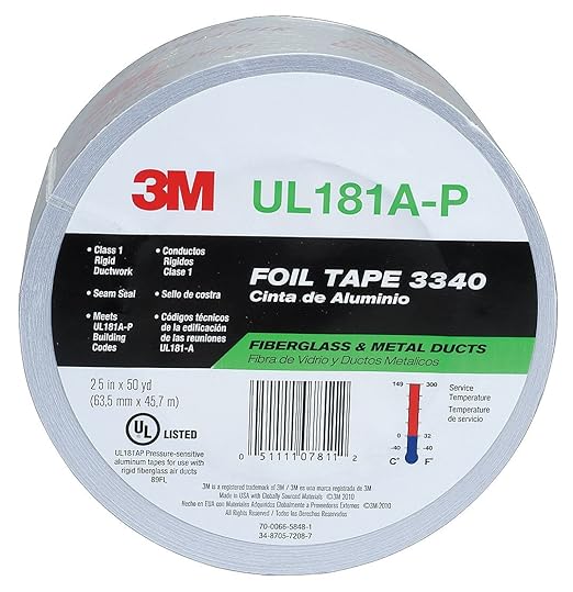 3M Aluminum Foil Tape 3340, 2.5" x 50 yd, 4.0 mil, Silver, HVAC, Sealing and Patching Hot and Cold Air Ducts, Fiberglass Duct Board, Insulation, Metal Repair