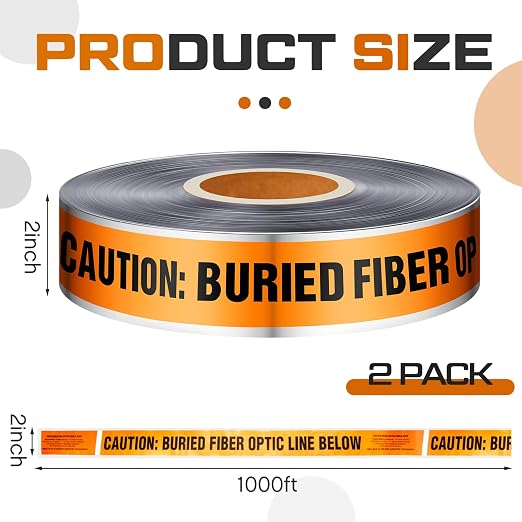 Pangda 2 Rolls "Caution Buried Fiber Optic Line Below" 2 Inch x 1000 Feet Detectable Safety Tape 5 Mil Underground Detectable Warning Tape for Construction Sites Road Repairs Caution