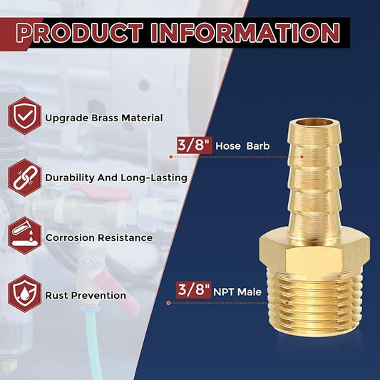 Pack of 3 Brass Hose Barb Fittings 3/8" Hose Barb to 3/8" NPT Male Fittings