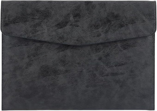 A4 PU Leather File Holder Document Folder Black Thin Waterproof Portfolio Filing Envelope Oragnizer Pocket Storage Case with Snap Closure for Receipt Contract Stationery Tablet