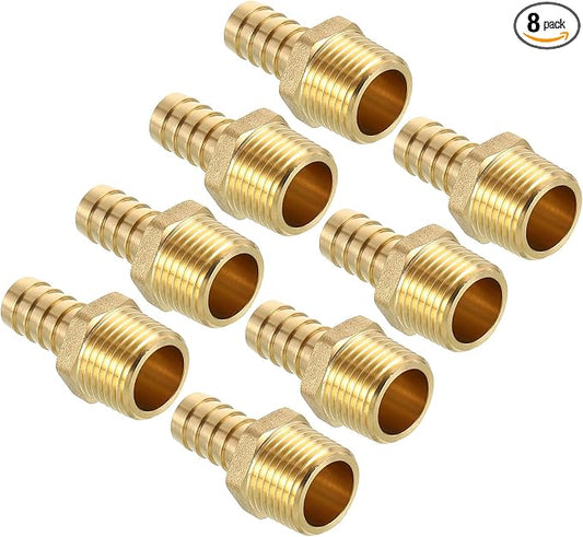 Pack of 8 Brass Hose Barb Fittings 1/2" Hose Barb to 1/2" NPT Male Fittings