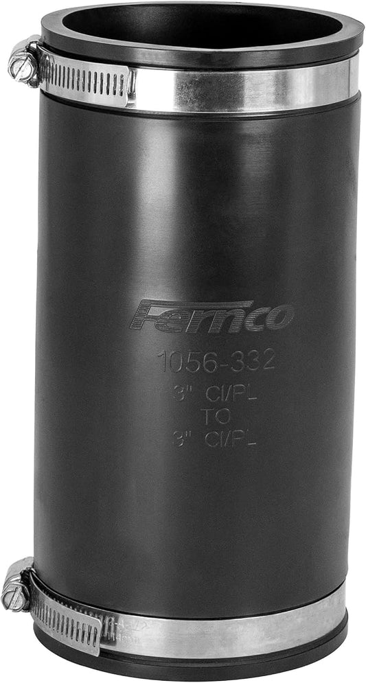 Fernco XL 1056-332 Flexible Pipe Coupling 3” – Extra-Long DWV Connector with Stainless Steel Clamps – Positive Seal for Cast Iron, PVC, Steel & Lead Plumbing Repair