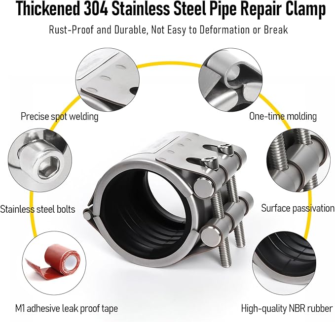 Upgraded Pipe Repair Clamp with M1 Self-Adhesive Leak-Sealing Tape | 304 Stainless Steel Rust-Proof Emergency Pipe Repair Kit for Plastic & Metal Pipes, 3/4"(25-28mm)
