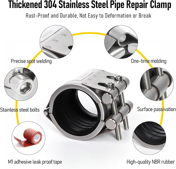 Upgraded Pipe Repair Clamp with M1 Self-Adhesive Leak-Sealing Tape | 304 Stainless Steel Rust-Proof Emergency Pipe Repair Kit for Plastic & Metal Pipes, 4"(106-112mm)