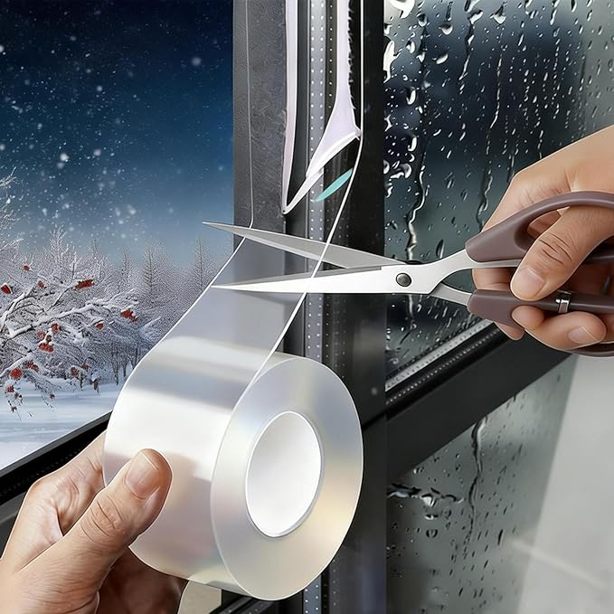 Window Sealing Tape 2 Inch x 33 Ft Transparent Window Insulation Waterproof Nano Draft Isolation Tape Clear Weather Stripping Caulk Tape for Window and Bathroom Shower Glass Side Gaps