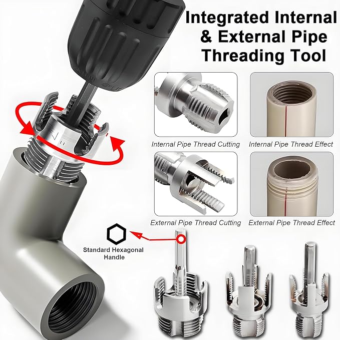 3Pcs PVC Pipe Threader Kit, 1/2" 3/4" 1" Internal & External | Tap and die set, PVC threading tool, electric drill compatible pipe thread cutting tool, plastic pipe fitting plumbing tools