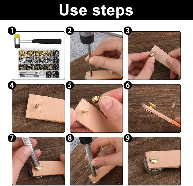 TLKKUE 360 Sets Leather Rivets 4 Colors Double Cap Rivets Tubular 3 Sizes with Rubber Hammer Fixing Tool Kit 4 Pieces for DIY Leather Craft Clothes Shoes Decoration and Repair