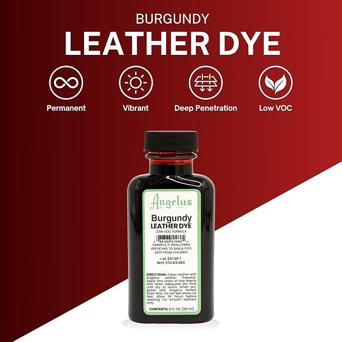 Angelus Leather Dye - Flexible Leather Dye for Shoes, Boots, Bags, Crafts, Furniture, & More 3oz, Dauber Included (Burgundy)