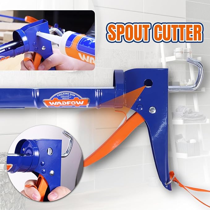 WADFOW 9" Caulk Gun, No Drip Silicone & Sealant Finishing Tool for Kitchen & Bathroom Sink Joints, Includes Built-in Spout Cutter & Smooth Round Rod for 10oz Caulk Tubes
