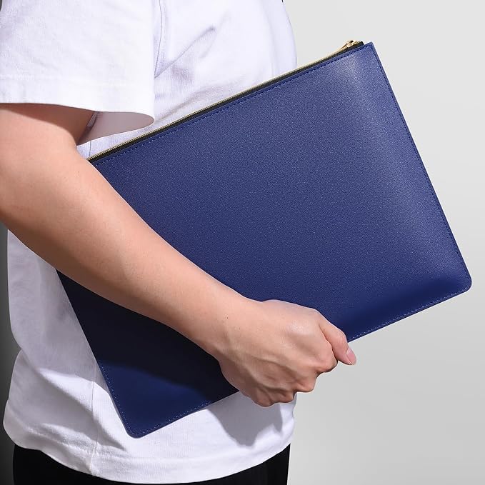 PU Leather A4 File Folder Zipper Document Holder Envelope Folder Case for Receipt Contract (1, Blue)