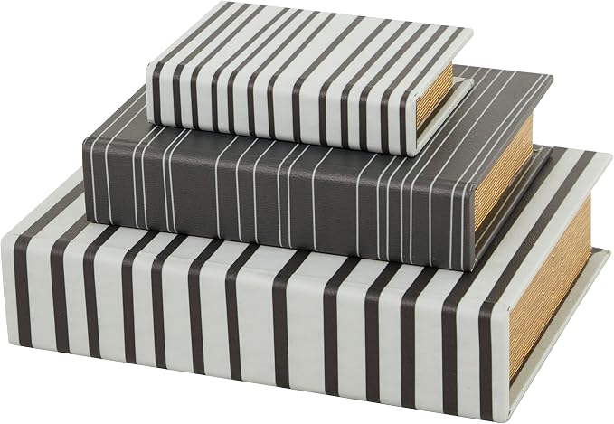 Deco 79 Faux Leather Decorative Box Faux Storage Book Book Shaped Boxes with Black Striped Patterns, Set of 3 Decorative Keepsake Boxes 12", 9", 6"H, White