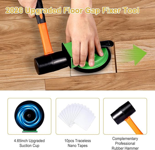 Floor Gap Fix Tool Kit – Heavy-Duty Iron Floor Gap Puller with 4.65" Suction Cup (110 lbs), Rubber Mallet & 10 Reusable Sticky Pads – Hardwood, Laminate & Bamboo Floor Repair Kit