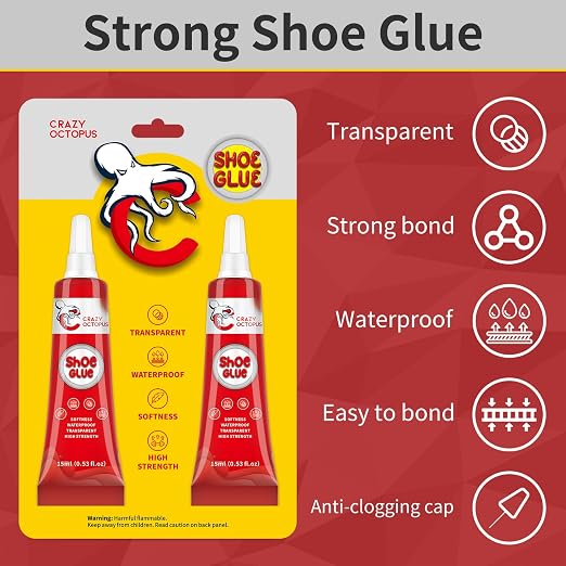 Shoe Glue, Strong Clear Shoe Repair Glue for Sneakers, Boots, Handbags, Soles, Heels, Super Glue for Shoes, Works on Leather, Rubber, Canvas, 15ml Tube x 2
