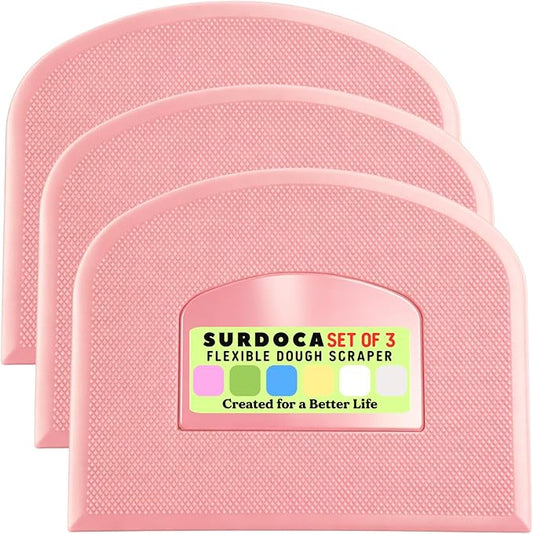 SURDOCA Dough Scraper Bench Scraper - 3P 14.2x8.5" Plastic Flexible Bowl Scraper, Sharp Edge & Angles Cake Scraper. Non-Slip Bakeware Decorating Tools Sculpting & Modeling Tools - Pure Pink