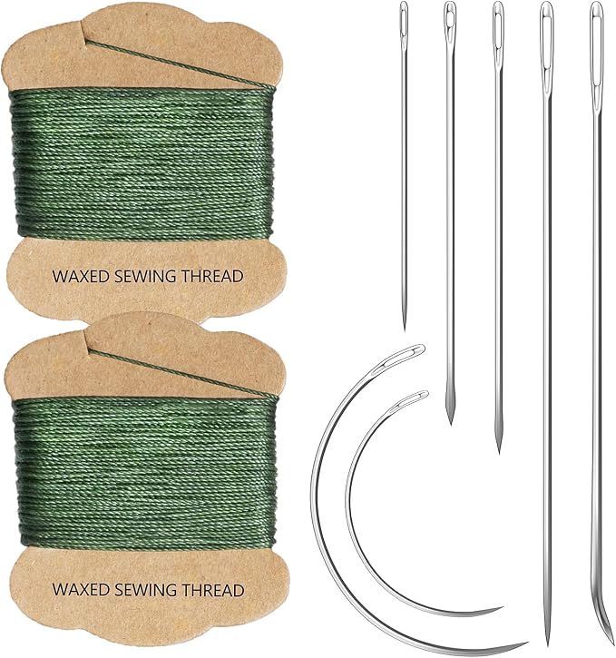 Upholstery Repair Kit: Extra Strong Waxed Sewing Thread 2 Rolls （Army Green） &Heavy Duty Household Hand Needles (7 PCS) for Leather, Canvas, Bookbinding & Quilting Thread