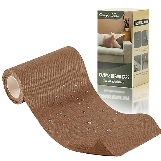 Linen Canvas Repair Tape, 4×63 Inches Light Brown Waterproof Self-Adhesive Patch for Outdoor Gear, Durable Fabric Tape for Boat Covers,Couch,Tents, Sofas, Sun Shades,Awnings,Lounge Chairs