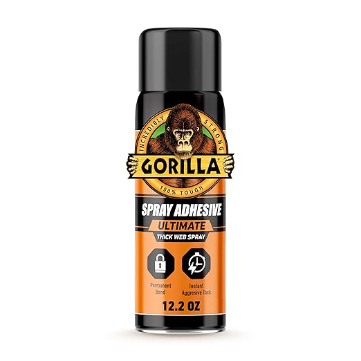 Gorilla Ultimate Spray Adhesive, Multi-Purpose Web Spray Contact Glue, Instant Aggressive Tack, Adjustable Nozzle, White, 12.2 oz (Pack of 1), Bonds Wood, Metal, Plastic, Leather & Fabric