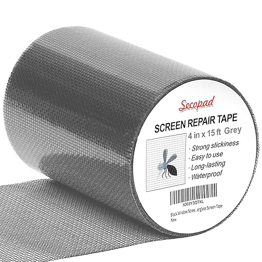 Secopad Grey Window Screen Repair Tape, 4 in X 15 FT (180IN) Screen Repair Kit for Windows or Doors, Strong Adhesive Fiberglass Mesh Patch Tape